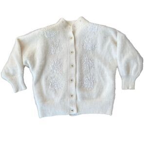 Vintage Angora Sweater Cardigan Rhinestones Pearls